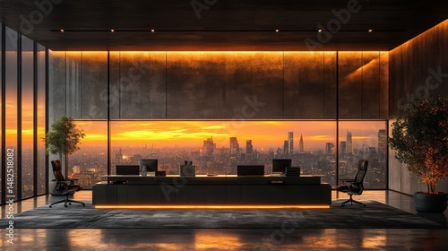 Modern Office Interior with City View at Sunset