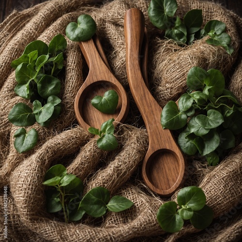 Wooden salad tongs wrapped in jute with ivy accents around.
