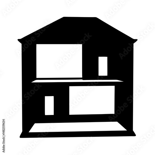 Black silhouette of a dollhouse with geometric openings and classic shape