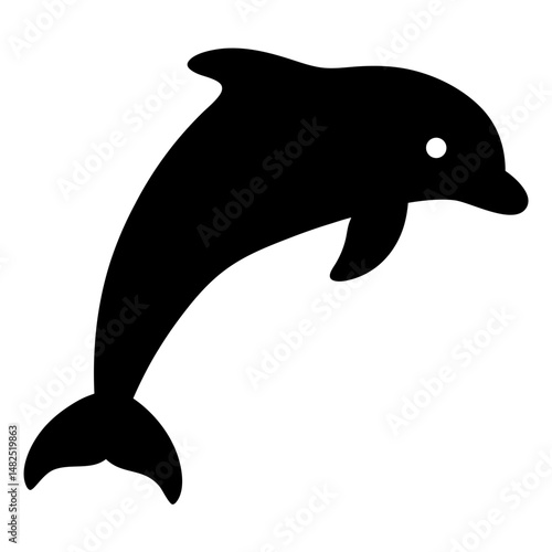 A black silhouette of a dolphin leaping out of the water joyfully.