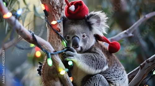 Festive Koalas: A Heartwarming Christmas Celebration – Adorable Eucalyptus-Loving Marsupials in Holiday Cheer, Wearing Santa Hats & Decorating Trees for a Whimsical Wildlife Holiday Scene