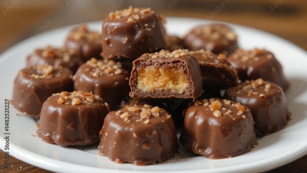 Artfully Arranged Assortment of Decadent Chocolate Caramel Candies on a White Plate Artfully Arranged Assortment of Decadent Chocolate Caramel Candies on a White Plate