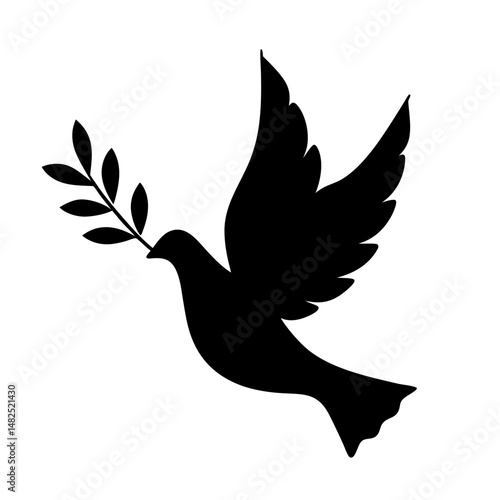 A black and white silhouette of a dove carrying an olive branch