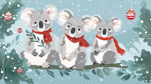 Festive Koalas: A Heartwarming Christmas Celebration – Adorable Eucalyptus-Loving Marsupials in Holiday Cheer, Wearing Santa Hats & Decorating Trees for a Whimsical Wildlife Holiday Scene
