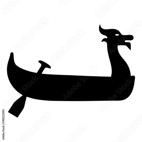 Silhouette of a dragon boat with paddle, in black and white