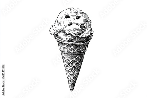 Etched Chocolate Chip Vintage Ice Cream Cone on White.