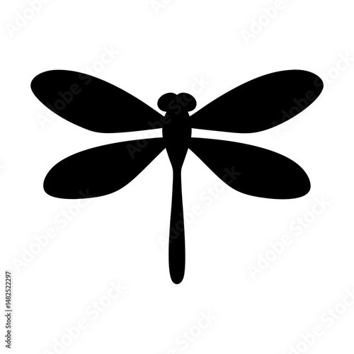Simple black silhouette of dragonfly with rounded wings and slender body