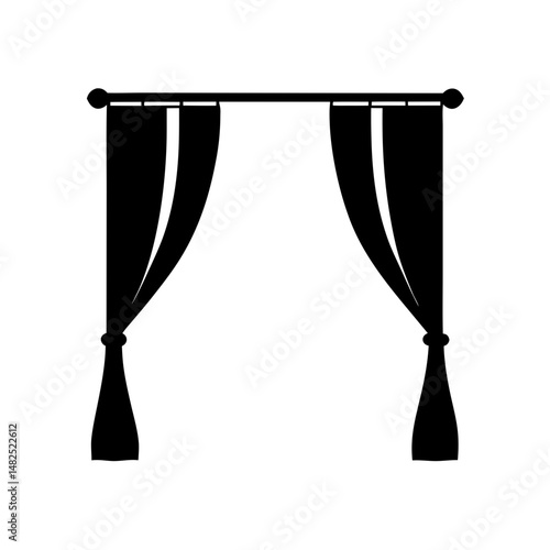 Elegant black and white silhouette illustration of curtains with rod and ties