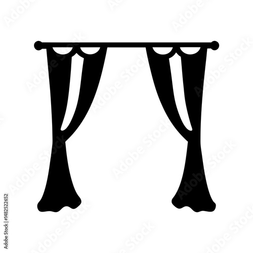 Simple black silhouette illustration of an open stage curtain with rod