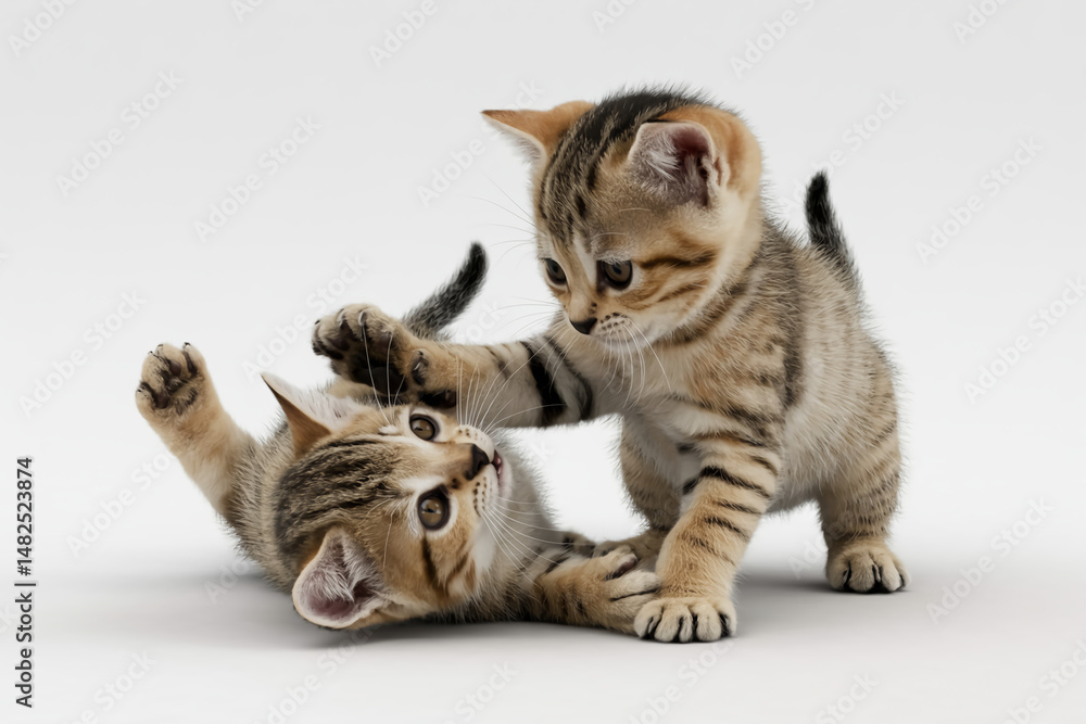 Obraz premium Animals in Focus on White Background – Two Kittens Playfully Wrestling