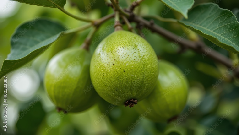 Closeup of Ripening Green Pears Hanging on a Branch Surrounded by Lush Green Leaves Closeup of Ripening Green Pears Hanging on a Branch Surrounded by Lush Green Leaves