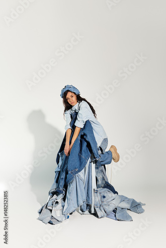 Photography Creative expression of fashion in unique denim attire by a woman in summer setti