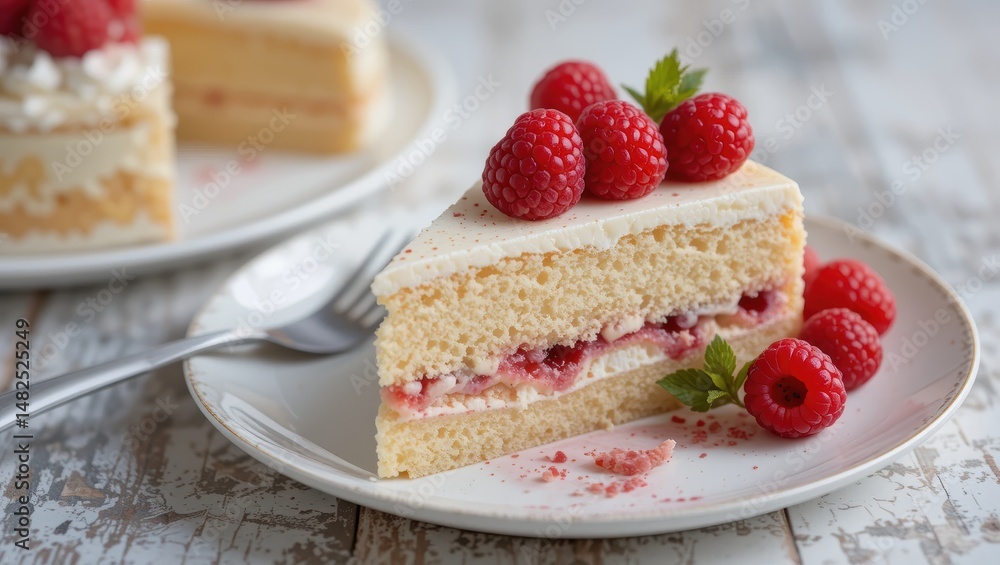 Deliciously Sliced Sponge Cake Topped With Fresh Raspberries And Cream On Wooden Table Deliciously Sliced Sponge Cake Topped With Fresh Raspberries And Cream On Wooden Table
