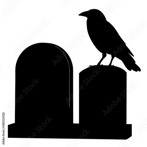 A black silhouette of a crow perched on a tombstone marker