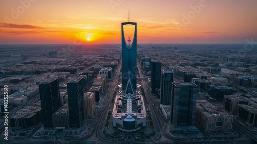 Riyadhs futuristic skyline at golden hour drone video of modern urban development and infrastructure