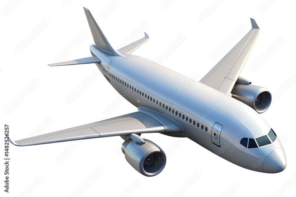 Obraz premium 3d rendering of a commercial passenger airplane in flight, realistic detailed photorealistic high resolution, white body, swept wings, clean sleek design, dramatic lighting, cinematic 