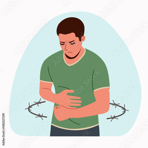 Young ill man feel pain in stomach  isolated.Barbed wire around the woman. Vector flat style cartoon illustration