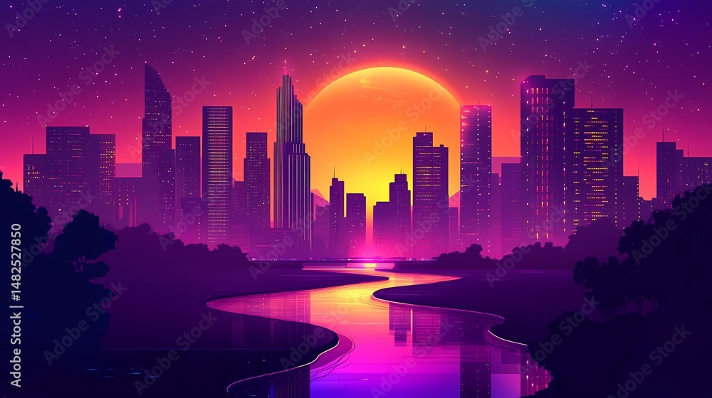 Fototapeta premium neon cityscape with river at sunset