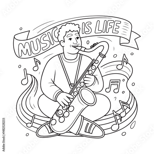 Hand-drawn illustration of a saxophonist playing music with musical notes surrounding him, perfect for jazz, music, and artistic design concepts