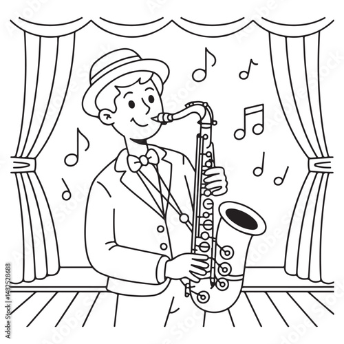 Hand-drawn illustration of a saxophonist playing music with musical notes surrounding him, perfect for jazz, music, and artistic design concepts