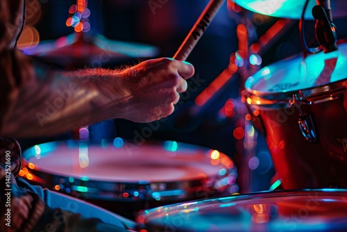 Close-up of Drummer Hand Playing Drum Set in Colorful Lights