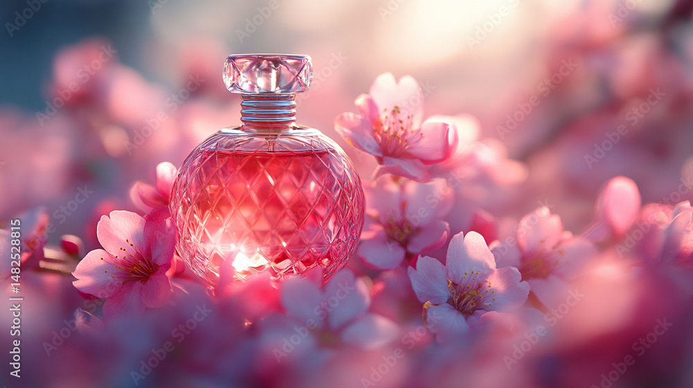 Delicate perfume bottle surrounded by blossoming spring flowers. Soft, beautiful light illuminates the scene. Delicate perfume bottle surrounded by blossoming spring flowers. Soft, beautiful light illuminates the scene.