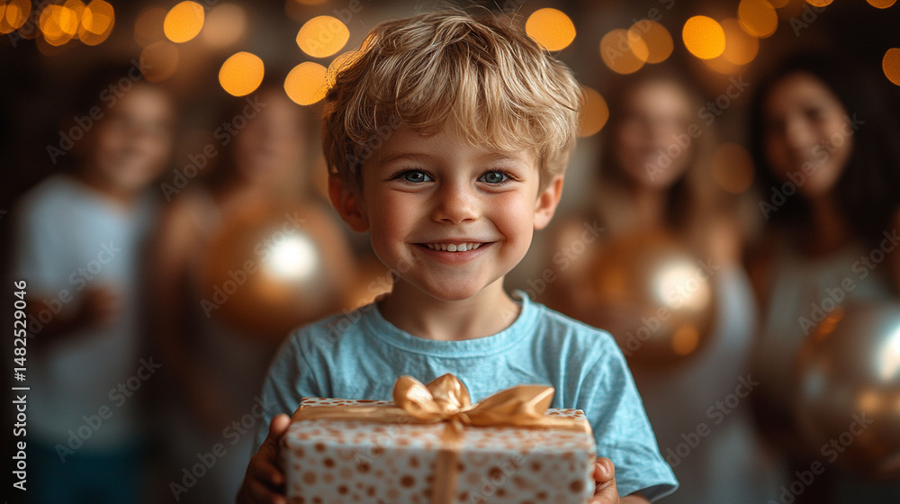 Naklejka premium Happy boy holding a gift at a party.