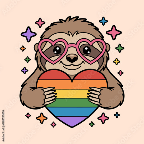 Cute Sloth Holding Rainbow Heart for Pride Celebration