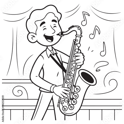Hand-drawn illustration of a saxophonist playing music with musical notes surrounding him, perfect for jazz, music, and artistic design concepts