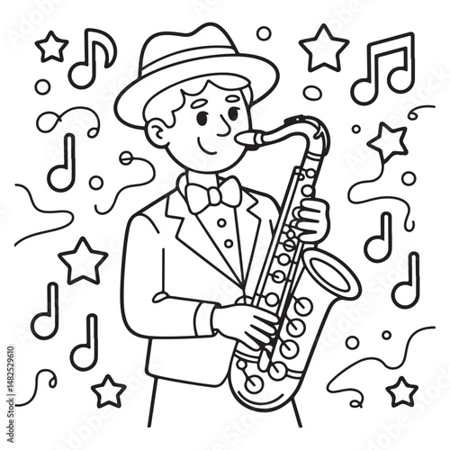 Hand-drawn illustration of a saxophonist playing music with musical notes surrounding him, perfect for jazz, music, and artistic design concepts