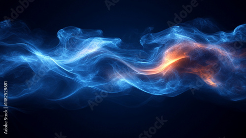 Abstract digital art of swirling, luminous, blue and orange smoke or energy waves on a dark background.