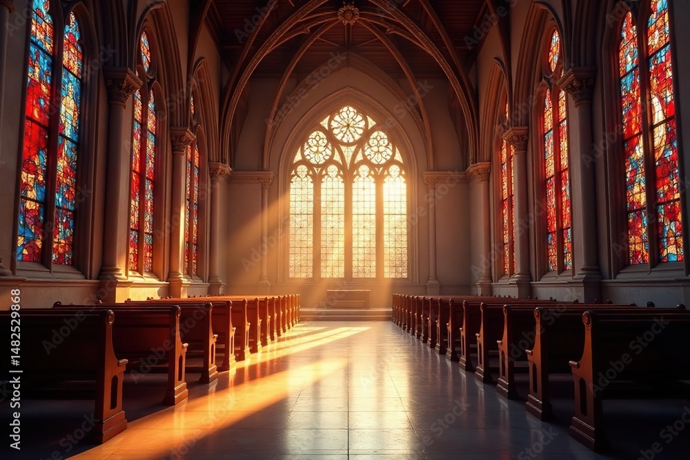 Fototapeta premium Tranquil church interior, sunlight streaming through stained glass windows , interior, devotion, catholic