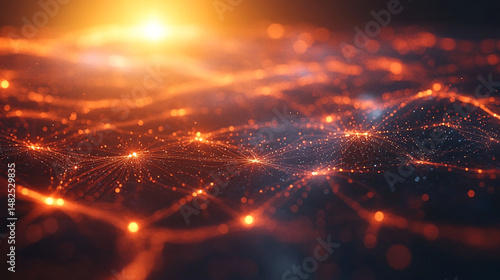 Abstract network of glowing orange particles with connected lines, creating a futuristic, dynamic, and energetic design, illuminated by a warm golden light source.
