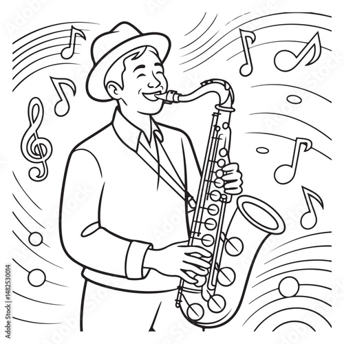 Hand-drawn illustration of a saxophonist playing music with musical notes surrounding him, perfect for jazz, music, and artistic design concepts