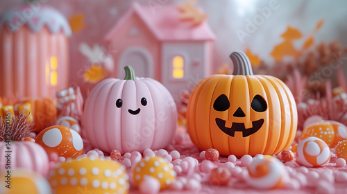 Cute pink and orange pumpkins in a whimsical autumnal scene with miniature house,  candy, and mushrooms.