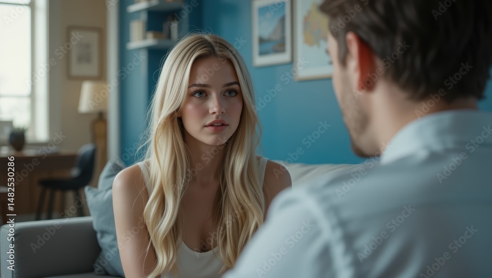 Thoughtful Conversation Between Young Woman and Man in Modern Living Room with Blue Wall Thoughtful Conversation Between Young Woman and Man in Modern Living Room with Blue Wall