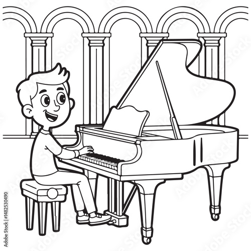 Hand-drawn illustration of a saxophonist playing music with musical notes surrounding him, perfect for jazz, music, and artistic design concepts