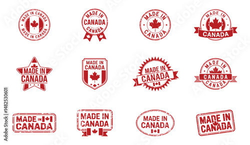 Set of Made in Canada Red Stamps with Maple Leaf, Vintage Grunge Vector Collection
