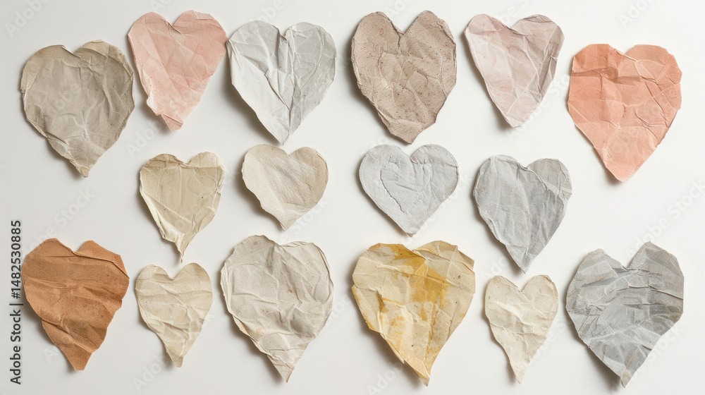 Obraz premium Collection of Crumpled Paper Hearts in Various Colors and Textures for Creative and Artistic Projects, Backgrounds, and Digital Designs