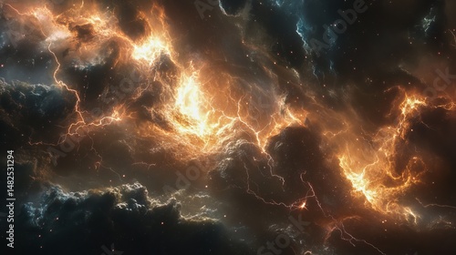 A cosmic storm with lightning bolts striking through space