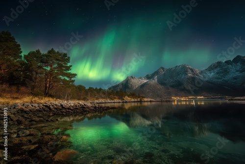 Aurora Borealis over Scandinavian Fjord with Star Trails and Mountain Reflections, Midnight Northern Lights Landscape