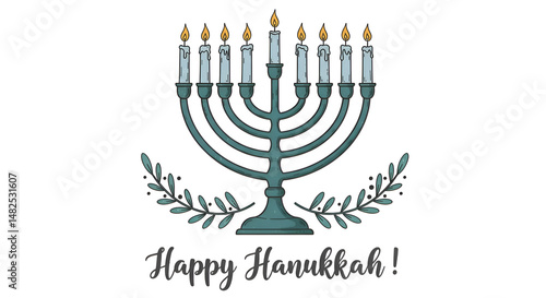 Happy Hanukkah Greeting Card Illustration - Menorah with Olive Branches