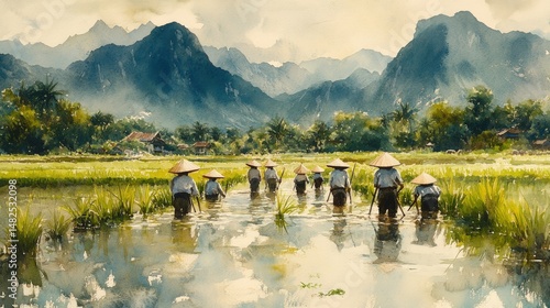 Farmers working rice paddy, serene mountain backdrop