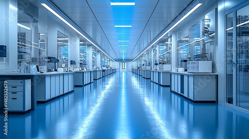 Modern sterile lab hallway with equipment