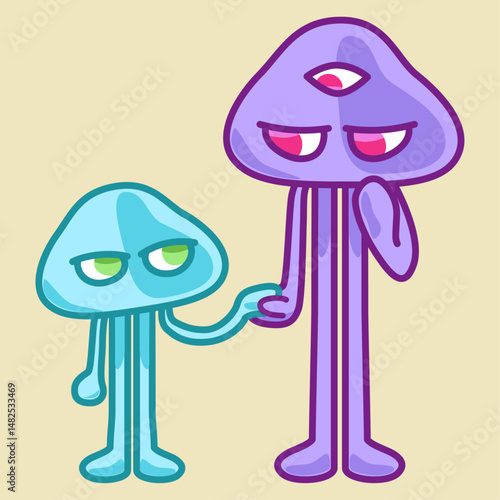見つめながら水色の子ども宇宙人と手をつなぐ紫色の宇宙人／A purple alien holds hands with a light blue child alien while gazing at him