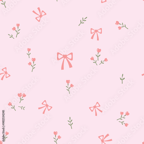 Seamless pattern of pink flower with green leaves and ribbon bows on pink background vector.
