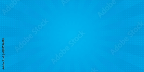 Comic background. Pop art texture. Starburst cartoon style. Anime design with explosion effect for print. Fun dot pattern. Blue backdrop with halftone gradient.