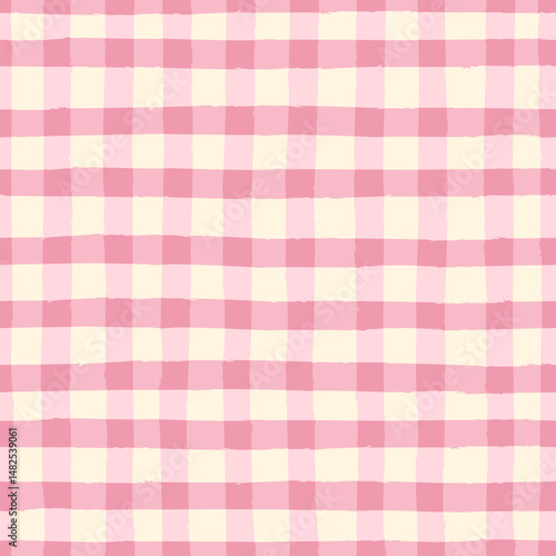 Seamless vector gingham pattern in pink color. Soft country chequered background. Picnic blanket, kitchen tablecloth, wallpaper, wrapping paper design