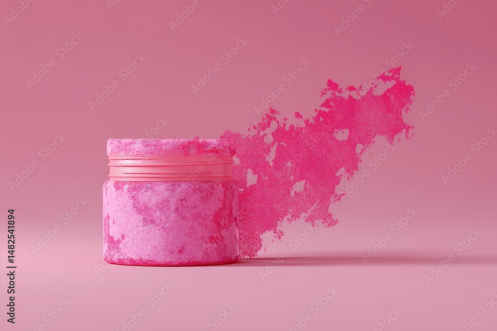 Mockup of a pink jar with scrub inside and a smear of scrub texture on a pink background