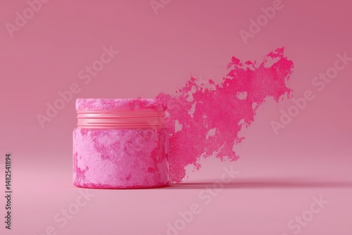 Obraz na płótnie Mockup of a pink jar with scrub inside and a smear of scrub texture on a pink background w salonie